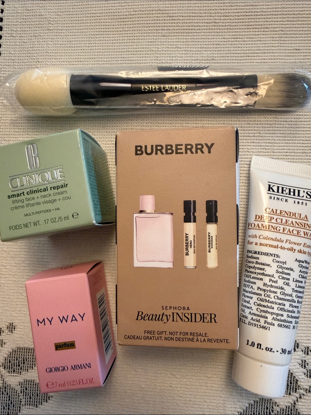 Sample collection: Clinique, Estée Lauder, Giorgio Armani, Burberry, and Kiehl’s
